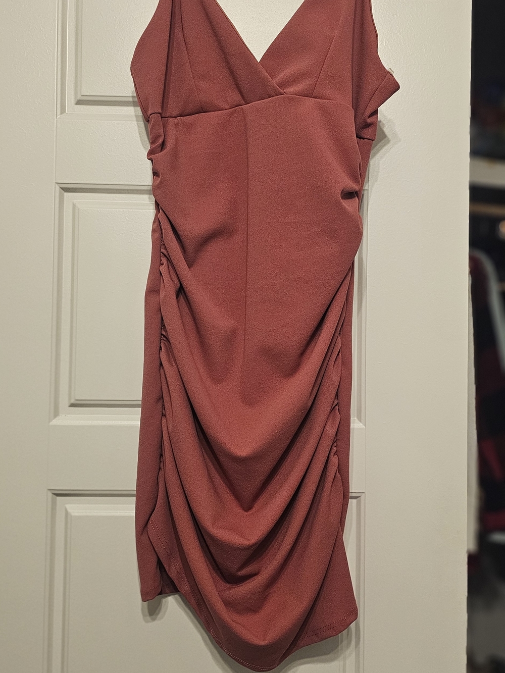 Windsor Rust-Red V-Neck Ruched Mini Dress